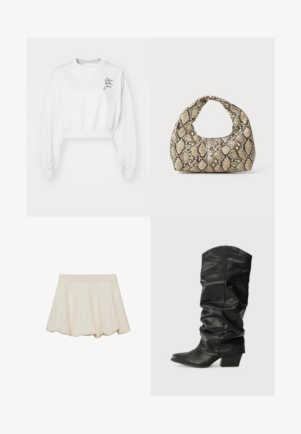 White cropped sweatshirt with long sleeves, ribbed cuffs, and a crew neckline. Features a black script logo on the left chest area.; Knit tank top in beige with open weave design. Features scalloped edges, a floral pattern knitted into the fabric, and sleeveless cut.; Cream-colored skirt with a soft, smooth texture, flared design, and a scalloped hem. Features a wide, elastic waistband for comfort.; Black leather knee-high boots with a slouched design, pointed toe, and a chunky heel, featuring smooth texture and minimal stitching.; Snake-print handbag with a curved handle. Made from textured, beige and brown materials, featuring a distinctive diamond pattern.