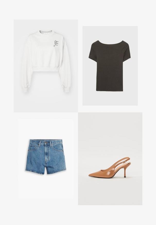 Bela skrajšana majica s dolgimi rokavi, z ribastimi manšetami in krožnim izrezom. Ima črn napis z logotipom na levi strani prsnega dela.; Temno siva kratka majica s čolnasto izrezom. Narejena iz rebraste tkanine, ki ima sproščen kroj in čist rob. Preprost dizajn, brez vzorcev.; Jeans kratke hlače v svetlo modri barvi, z povezavami za pet žepov, zadrgo in gumbom. Rob je razfrcan, oblikovane so v sproščenem kroju.; Slinčaste pete z ostro konico v gladkem, sijočem bež materialu. Imajo ukrivljen rez in vitko stiletto peto. Podrobnost s srebrno zaponko.