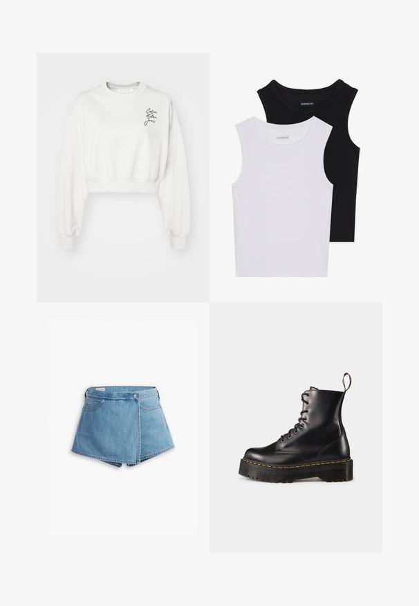 Sudadera blanca corta con manga larga, puños acanalados y cuello redondo. Presenta un logotipo en script negro en el área del pecho izquierdo.; Dos camisetas sin mangas en negro y blanco, hechas de algodón acanalado, con escote redondo y un diseño ajustado. Etiquetas visibles en ambas.; Pantalones cortos de denim en azul claro, con un diseño envolvente, bolsillos frontales y un cierre de botón de metal. Textura suave con bordes cosidos.; Botas de tobillo negras de cuero con cordones, con una suela negra gruesa y costuras amarillas. Presentan una lengüeta en la parte trasera y ojales metálicos circulares.