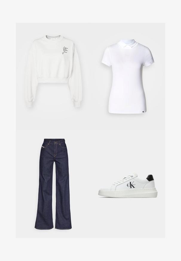 Felpa bianca a maniche lunghe, corta in vita, con polsini a coste e scollo tondo. Presenta un logo in corsivo nero nella zona sinistra del petto.; Polo shirt bianco in cotone a maniche corte con colletto classico; presenta un piccolo logo sul lato sinistro in basso. Texture liscia.; Jeans a gamba larga di denim blu scuro con vita alta, caratterizzati da cuciture arancioni, design a cinque tasche e chiusura con bottone.; Sneaker bassa bianca con tassello nero sul tallone, suola a piattaforma, lacci e logo "CK" di Calvin Klein sul lato.