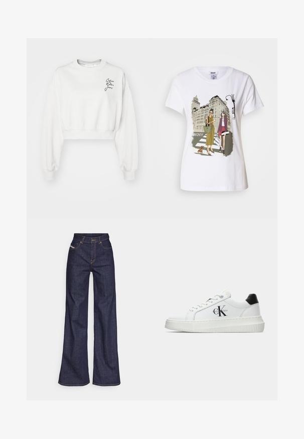 Sweatshirt blanc court à manches longues, avec des poignets côtelés et un col rond. Présente un logo en script noir sur la zone de la poitrine gauche.; T-shirt en coton blanc avec une illustration imprimée de deux femmes en styles de mode urbaine, accompagnées d'un chien sur un passage piéton, avec des bâtiments de la ville en arrière-plan.; Jeans ample bleu foncé en denim avec taille haute, ornés de surpiqûres orange, d'un design à cinq poches et d'une fermeture à bouton.; Baskets basses blanches avec un tab de talon noir, semelle plateforme, lacets et logo "CK" de Calvin Klein sur le côté.