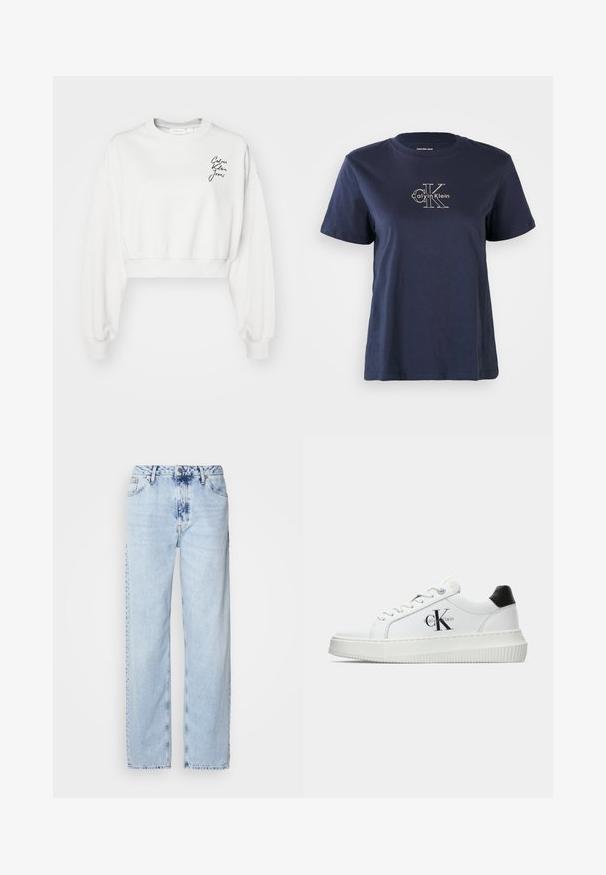 Sudadera blanca corta con manga larga, puños acanalados y cuello redondo. Presenta un logotipo en script negro en el área del pecho izquierdo.; Camiseta de algodón azul marino con mangas cortas, que presenta un pequeño logo blanco de "Calvin Klein" en el centro frontal. Cuello redondo, ajuste casual.; Jeans de pierna ancha en azul claro, confeccionados en denim, con una cintura alta, un lavado desgastado y un sutil patrón de tie-dye en la parte delantera.; Zapatilla baja blanca con talón negro, suela de plataforma, cordones y logotipo "CK" de Calvin Klein en el lado.