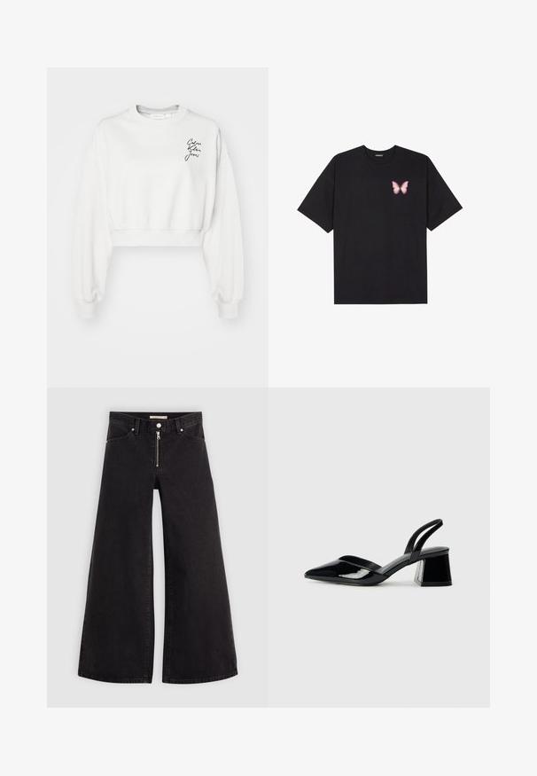 White cropped sweatshirt with long sleeves, ribbed cuffs, and a crew neckline. Features a black script logo on the left chest area.; Black cotton t-shirt with short sleeves, featuring a small pink butterfly graphic on the left chest. Crew neck design with a relaxed fit.; Wide-leg jeans in black denim with a zippered front, five-pocket design, and subtle stitching details. Smooth texture and casual style.; Black patent leather slingback heels with a pointed toe and a geometric block heel. Features a sleek, minimal design and smooth texture.