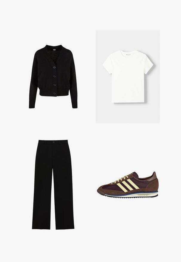 Cardigan nero in maglia con scollo a V, cinque bottoni frontali, orlo e polsini a coste, e design cropped. Tessuto morbido con uno stile casual.; T-shirt bianca in cotone con scollatura rotonda e maniche corte. Design semplice, texture liscia, senza motivi o dettagli.; Pantaloni neri a vita alta, a gamba larga, realizzati in un tessuto morbido, con davanti piatto, chiusura con bottone e senza tasche visibili.; Sneaker marrone e bordeaux realizzato in materiali scamosciati e in rete, caratterizzato da tre strisce color crema, tessuto testurizzato sulla linguetta e suola in gomma.