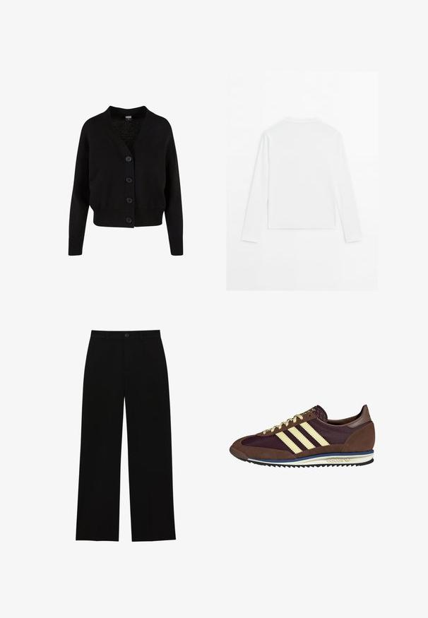 Svart stickad cardigan med v-ringad hals, fem framknappar, ribbad nederkant och ärmslut, samt kort design. Mjuk textur med en avslappnad stil.; En enkel vit långärmad skjorta med rund hals, visad bakifrån, liggande platt på en vit bakgrund.; Svarta, högmidjade wide-leg byxor i ett slätt tyg, med platt front, knappstängning och utan synliga fickor.; Bruna och burgundy sneakers i mocka och mesh-material, med tre krämfärgade ränder, textil på tungan och en gummisula.