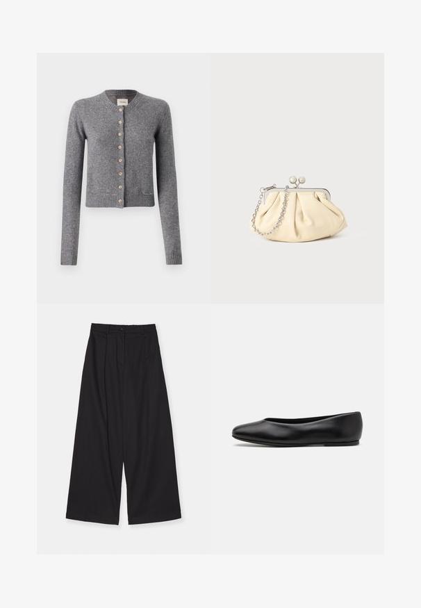 Siv cardigan iz mehkega pletenega materiala, z okroglim ovratnikom, dolgimi rokavi in lesenimi gumbi spredaj. S potiskom na robovih in manžetah.; Bela srajca s kratkimi rokavi iz lahkega blaga. Ima klasičen ovratnik, dva žepa na prsih in nekoliko daljši zadnji rob.; Črne široke hlače iz gladkega materiala, ki imajo visok pas, sprednje gube, zapiranje na gumb in raven kroj.; Paul Smith TOPANGA - Balerinke - black; Zavihani bež usnjeni nahrbtnik s srebrnim kovinskim okvirom, ki ima dve okrogli okrasni zaponki in srebrno verižico.