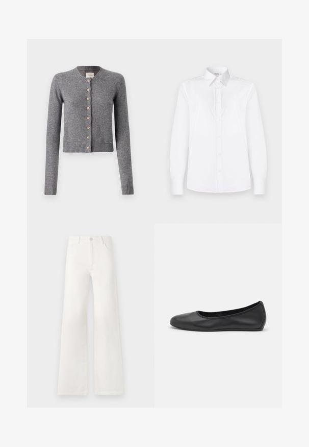 Gray cardigan made of soft knit material, featuring a round neck, long sleeves, and wooden buttons down the front. Ribbed hem and cuffs.; White long-sleeve shirt made of smooth fabric, featuring a collared neckline and a button front with light pink buttons.; White, high-waisted wide-leg jeans made of denim. Features a button closure, two front pockets, and side seams with stitching details.; Black leather ballet flat with a rounded toe, smooth texture, minimal stitching detail, and a flexible sole design.