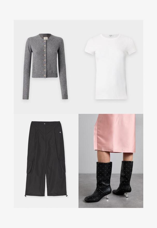 Šedý kardigán z mäkkej pleteniny, s okrúhlym výstrihom, dlhými rukávmi a drevenými gombíkmi na prednej strane. Rebrované lemovanie a manžety.; Biela rebrovaná tričko s krátkym rukávom a okrúhlym výstrihom. Tkanina vyzerá hladko s priliehavým strihom. Značková etiketa je viditeľná na golieri.; Čierne cargo nohavice vyrobené z ľahkej tkaniny majú bočné vrecká, nastaviteľný sťahovací lem a zapínanie na gombík.; Čierne čižmy po kolená vyrobené z hladkého materiálu, s jemným štýlom ozdobeným cvočkami a strieborným podpätkom. V kombinácii s ružovými saténovými šatami.