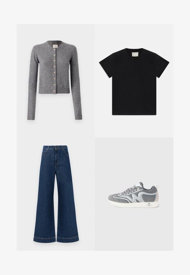 Grå cardigan laget av myk strikket materiale, med rund hals, lange ermer og treknapper foran. Ribbestrikket kant og mansjetter.; Svart kortermet t-skjorte med rund hals og et hvitt merket innvendig i kragen med teksten "D.R.C. EST. 2002" på hvit bakgrunn.; Bredde ben blå denim bukser med høy midje, med en knappeåpning, beltehemper og subtile sømdetaljer langs lommer og sømmer.; Grå og hvite lavtopp sneakers med snøring, "W" design på siden, og hvit såle merket "Weekend Max Mara" på hælen.