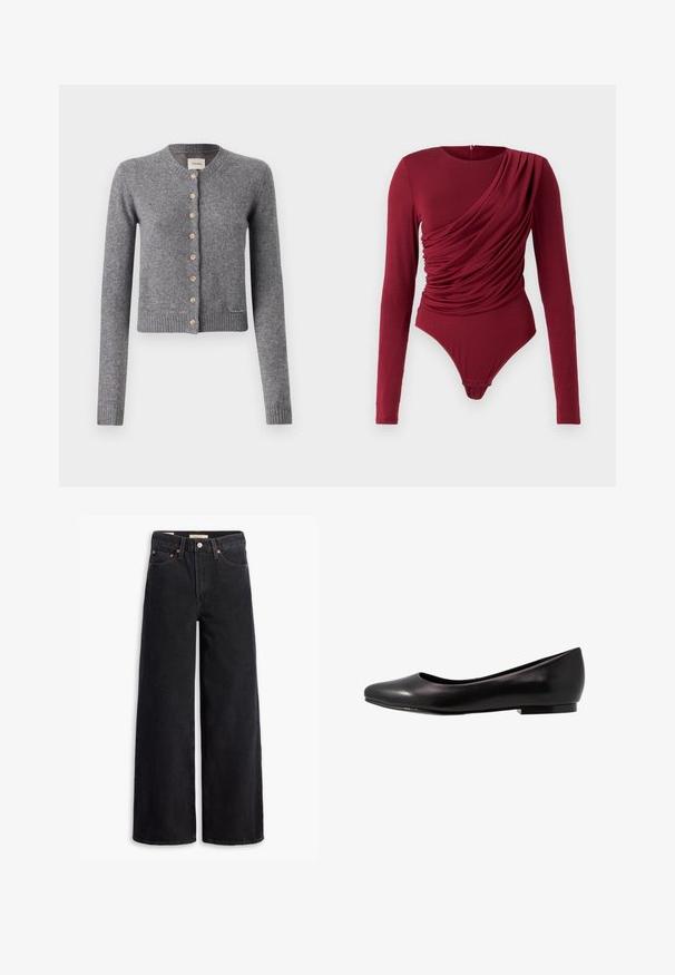 Grå cardigan i mjukt stickat material, med rund hals, långa ärmar och träknappar fram. Ribbad fåll och manschetter.; Långärmad bodysuit i djupröd, med draperad tyg, rundad halsringning och tryckknappsstängning längst ner, tillverkad av mjukt stretchmaterial.; Svarta vida jeans i denim, med fem fickor, kopparnitar och en klassisk knäppning. Slät textur med en rent design.; Svart balettklack av glänsande läder med rund tå och låg, platt sula. Har en slät yta med en enkel och stilren design.