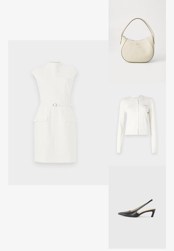 Weißer Cardigan, gerippte Bündchen und Saum, runder Halsausschnitt, Knopfverschluss, zeigt kleinen grauen gestickten Text "2ND DAY" auf der linken Seite.; Weißes ärmelloses Kleid mit hohem Ausschnitt, vorderem Gürtel, zwei Vorderentaschen und taillierter Silhouette. Hergestellt aus glattem, strukturiertem Gewebe.; Schwarzer spitz zulaufender Slingback-Schuh mit niedrigem Absatz, der aus glattem Leder gefertigt ist und seitliche Ausschnitte für Atmungsaktivität aufweist.; Cremfarbener Handtasche mit strukturiertem Finish, gebogener Form, kurzem Griff und Logo-Detail in Gold. Reißverschlussverschluss oben.
