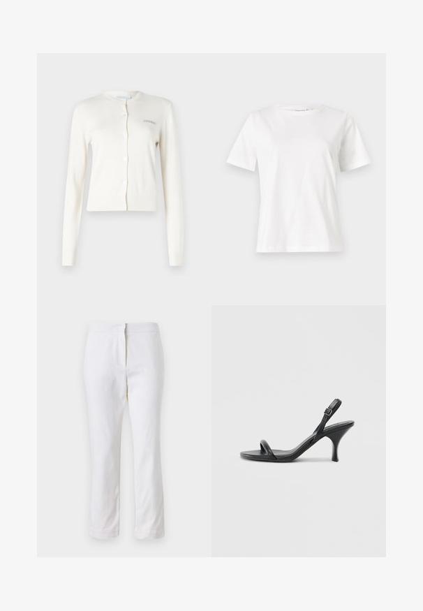 Balta megztinis, su raukiniais ant rankovių ir apatinio krašto, apvalia iškirpte, mygtukų uždarymu, kairėje pusėje yra mažas pilkas išsiuvinėtas tekstas "2ND DAY".; Balta medvilninė marškinėliai trumpomis rankovėmis, su apvalia iškirpte ir laisvu siluetu. Lygi tekstūra, be raštų ar akcentų, minimalistinis dizainas.; Balti medvilniniai kelnių su tiesiu kojų dizainu, turintys vidutinį liemenį ir be matomų detalių ar raštų. Lygi tekstūra visame paviršiuje.; Juodos odinės aukštakulnės šlepetės su plonu, kreiviu kulnu ir kryžminiu dirželio dizainu. Reguliuojamas kulkšnies dirželis. Lygus paviršius.