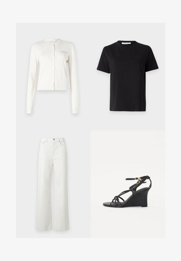 Fehér kardigán, bordás mandzsettákkal és szegéllyel, kerek nyakkivágással, gombos záródással, bal oldalon apró, szürke hímzett "2ND DAY" felirattal.; Fekete, rövid ujjú póló, puha pamutból készült, kerek nyakkivágással, laza szabással és sima textúrával. Nincs látható minta vagy grafikák.; Samsøe Samsøe SHELLY - Laza szabású farmerek - clear cream; Fekete wedge szandálok vékony, keresztbe futó pántokkal és állítható bokapánttal, arany csattal. Simább bőrfelület.