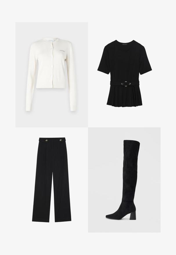 Valkoinen neulecardigan, ribattu hihansuut ja helma, pyöreä pääntie, napitus, vasemmalla puolella pieni harmaa brodeerattu teksti "2ND DAY".; Musta lyhythihainen paita, joka on valmistettu sileästä materiaalista ja jossa on peplum-muotoilu sekä vyötäröllä vyö, jossa on kaksi pyöreää hopeanväristä nappia.; Mustat leveälahkeiset housut, joissa on korkea vyötärö, napit vyötärönauhassa ja etupuolella laskokset.; Musta samettinen polvipitkä saapas, jossa on lohkarekorko, terävä nilkka ja sileä, saumatonta muotoilua tasaisella vaalealla taustalla.