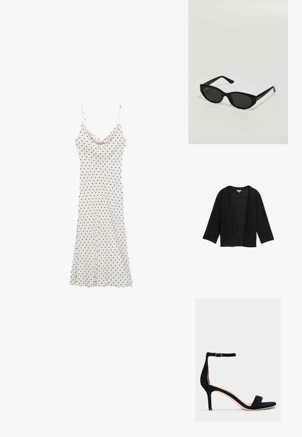 Schwarze gerippte Strickjacke mit lockerer Passform, weiten Ärmeln und offenem Front. Der Stoff hat eine strukturierte Oberfläche mit vertikalen Linien.; Ärmelloses Kleid aus weichem, leichtem Stoff; cremefarbener Hintergrund mit schwarzen Punkten; drapierter Halsausschnitt und fließende Silhouette.; Lauren Ralph Lauren ALLIE MID HEEL SUEDE SANDAL - Riemensandalette - black; Schwarze Sonnenbrille in schmaler Katzenaugenform. Aus glattem Kunststoff gefertigt, mit dunklen Gläsern und dezenten Logo-Akzenten an den Bügeln.