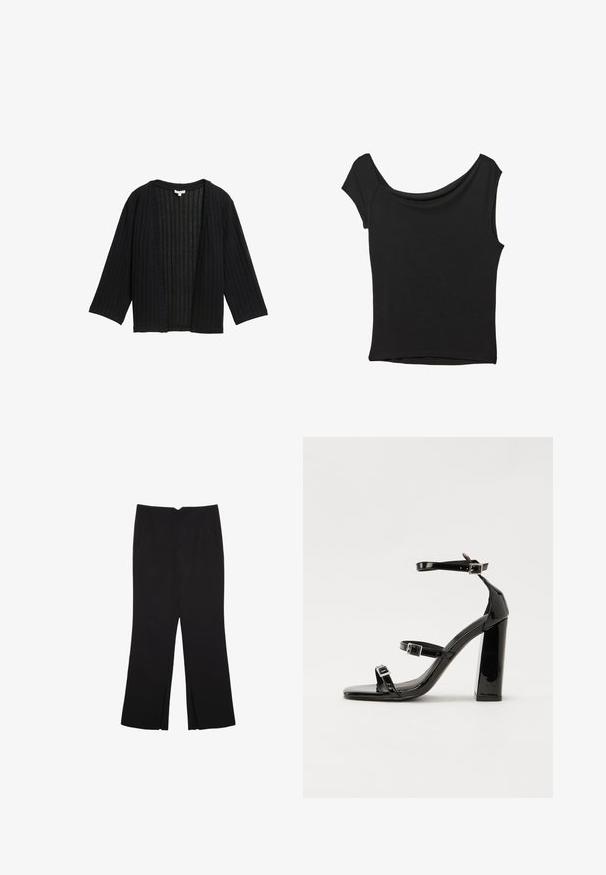Zwarte geribde cardigan met een losse pasvorm, wijde mouwen en een open voorkant. De stof heeft een gestructureerde uitstraling met verticale lijnen.; Zwart korte mouwen top gemaakt van een gladde stof; met een gedrapeerde halslijn en een asymmetrische zoom, met een getailleerd lijfje.; Zwarte broek met een rechte pasvorm, voorzien van zijzakken en plooien aan de onderzijde. Gemaakt van zachte, gladde stof. Geschikt voor verschillende gelegenheden.; Zwarte gepatenteerde sandalen met hak en een vierkante neus, enkelbandjes en zilveren gespen. Heeft een stevige blokhak voor stabiliteit.