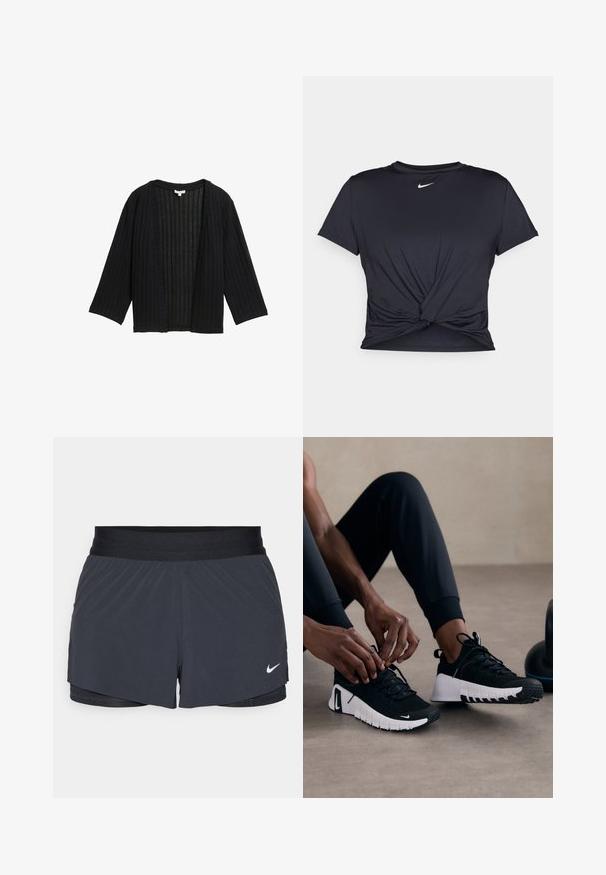 Cárdigan negro con textura acanalada, de corte holgado, mangas anchas y apertura frontal. La tela tiene una apariencia texturizada con líneas verticales.; Camiseta atlética negra hecha de tela suave, con un diseño de nudo en la parte delantera y un pequeño logo blanco de Nike en el pecho.; Shorts deportivos negros con cintura elástica, que presentan un diseño en capas y un pequeño logo blanco de Nike en la parte inferior izquierda. Material ligero.; Zapatillas deportivas negras con parte superior texturizada en negro, suela blanca y banda de goma. Los cordones están atados, mostrando un diseño elegante y el logo.