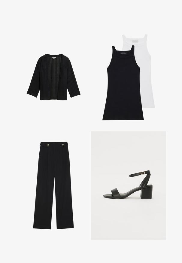 Čierny rebrovaný cardigan s voľným strihom, širokými rukávmi a otvoreným predným zapínaním. Tkanina má textúrovaný vzhľad s vertikálnymi pruhmi.; Dve tielka bez rukávov v čiernej a bielej farbe. Vyrobené z jemného, elastického materiálu s rebrovým vzorom a priliehavým strihom. S úzkymi ramienkami.; Čierne široké nohavice s vysokým pásom, so zapínaním na gombíky na páse a prednými sklady.; Čierne sandále na podpätku so hladkým koženým vrchom, otvorenou špičkou, širokými prednými prúžkami a nastaviteľným členkovým popruhom so zlatým prackom.