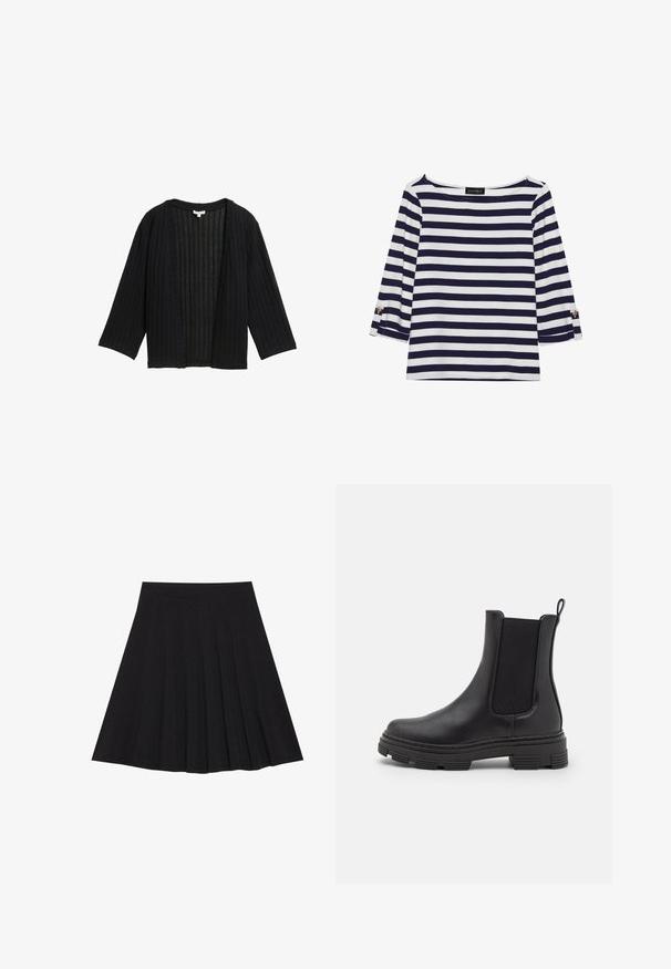 Svart ribbad cardigan med lös passform, breda ärmar och öppen front. Tyget har ett strukturerat utseende med vertikala linjer.; Marinblå och vit randig långärmad topp med båtutskuren hals och guldknappdetaljer på uppvikta ärmar. Mjuk tyg, avslappnad passform.; Svart plisserad kjol gjord av texturerad tyg med en figurnära midjeband. Faller till knä längd och har en slät, ren silhuett.; Svart läderankelboot med elastiska sidor, rund tå och texturerad gummisula. Har en ögla bak för enkel påtagning.