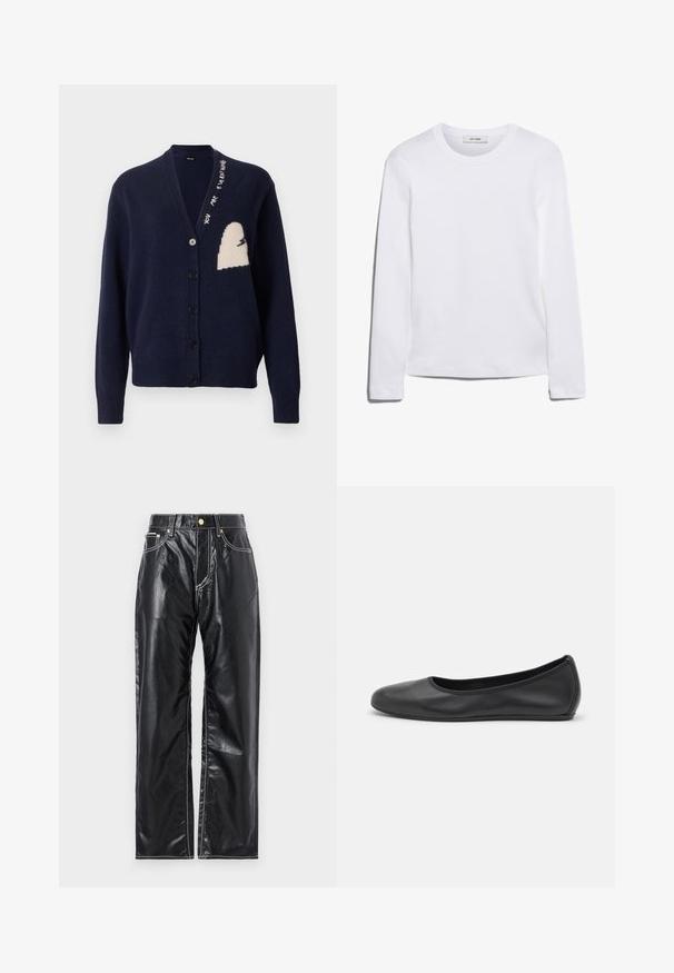 Marineblauwe cardigan met een gestructureerde brei, met een v-hals, zes zwarte knopen en een crèmewitte patch met abstract ontwerp en tekst.; Wit T-shirt met lange mouwen, gemaakt van ribgebreide katoen, met een ronde halslijn en een rechte zoom. Eenvoudig ontwerp zonder patronen of accenten.; Zwarte neplederen broek met een wijduitlopende snit, voorzien van witte stiksels, voorzakken en een gouden knoop in de taille.; Zwarte leren ballerina met een ronde neus, gladde textuur, minimale stikdetails en een flexibele zoolontwerp.