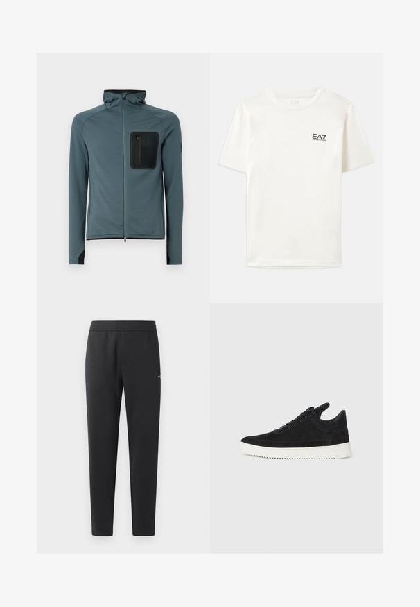 Giacca con cappuccio in teal con un tessuto testurizzato e stampato. Presenta una tasca sul petto con zip nera e dettagli neri sui polsini e sull'orlo.; Maglietta in cotone bianco con maniche corte, colletto tondo e piccolo logo EA7 nero sul lato sinistro del petto. Texture liscia, vestibilità standard.; Pantaloni jogger neri realizzati in tessuto morbido, con vita elasticizzata, gambe dritte e un piccolo logo sulla parte laterale.; Sneaker in suede nero con suola in gomma bianca, caratterizzato da cuciture tonali e design con lacci. Texture liscia con una forma moderna e aerodinamica.