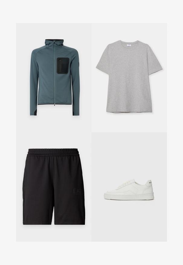 Hooded jacket in teal with a textured, patterned fabric. Features a black zippered chest pocket and black accents at the cuffs and hem.; Gray short-sleeve T-shirt made from soft, textured fabric. Features a classic crew neck and a straight hem, suitable for casual wear.; Black athletic shorts made of lightweight fabric, featuring an elastic waistband and mesh side panels. Brand logo printed on front.; White leather sneaker with a smooth finish, round toe, flat laces, and a textured sole. Features a subtle logo on the heel.