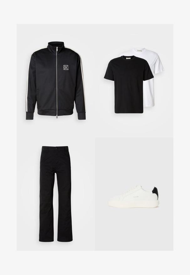 Must mustärjaseetiga krae ja valgete külgriidestega must fliist jakk, millel on rindkerel väike logo, valmistatud siledast ja paindlikust kangast.; Kaks lihtsat puuvillast T-särki, must, mis on asetatud valge särgi ette, mõlemad lühikeste varrukatega ja ümmarguste kaelustega.; Mustad puuvillased püksid sirge jala lõikega, varustatud nööpkinni ja vöökonksudega. Sile tekstuur ja minimalistlik stiil ilma nähtavate mustriteta.; Valge nahkne king, millel on must aktsent kandjal, ümmargune varvas, lamedad paelad ja paks valge tald. Calvin Kleini logo on nähtaval kohal.