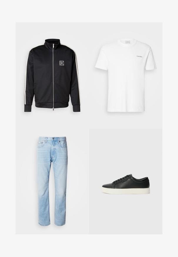 Čierna bundy na zips s vysokým golierom, má biele bočné pruhy a malé logo na hrudi, vyrobená z hladkej, pružnej tkaniny.; Biela bavlnená tričko s krátkymi rukávmi a okrúhlym výstrihom. Na ľavej strane hrude sa nachádza malé čierne logo "Calvin Klein".; Svetlomodré džínsy s rovnými nohavicami, s vybledlými časťami, dizajnom s piatimi vreckami a klasickým zapínaním na gombíky.; Čierne kožené tenisky s perforovanou textúrou, okrúlym špičkou a plochou bielou gumovou podrážkou. Obsahujú čierne šnúrky a diskrétny logo na boku.