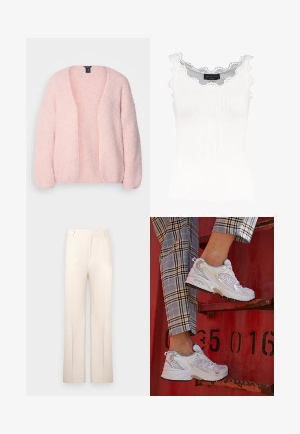 Lindex VANESSA - Cardigan - light pink; Hvid ribbet tanktop med blondekanter ved halsudskæringen og ærmerne. Har en blød tekstur og en tætsiddende pasform. Mærket er synligt indeni.; Beige skræddersyede bukser med lige ben, lavet af letvægtsstof. Har frontfolder og en klassisk talje.; Hvide mesh sneakers med sølvdetaljer og en struktureret sål, placeret på en rød overflade, parret med ternede bukser.