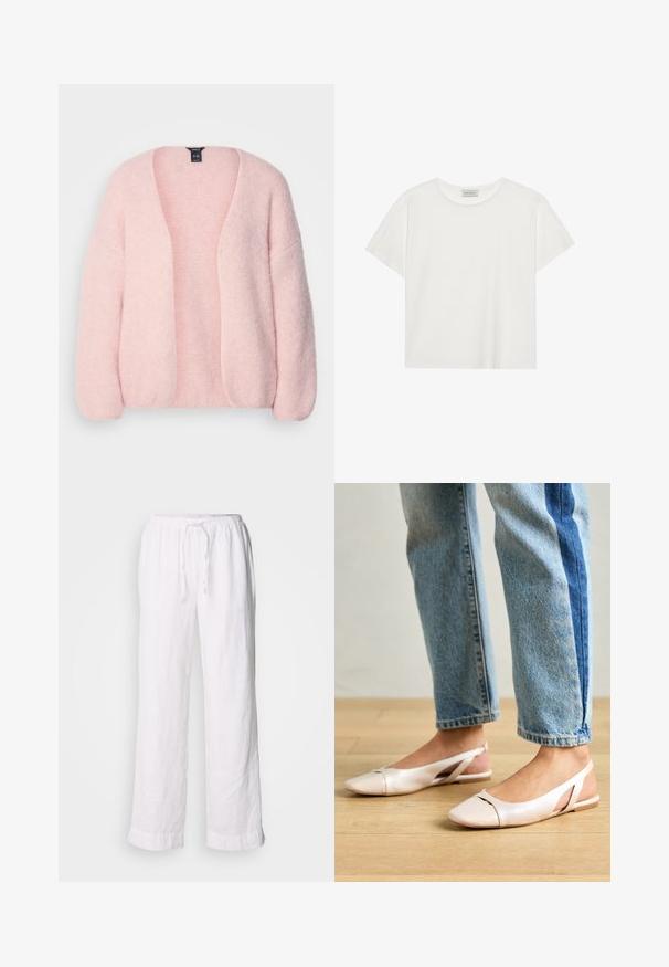 Lindex VANESSA - Cardigan - light pink; White short-sleeve T-shirt made of soft cotton. Features a round neckline and relaxed fit. Clean design with no visible patterns or accents.; White linen pants with a relaxed fit, elastic waistband, and drawstring. Features straight legs and rolled hems for a casual look.; Pale pink slingback flats with a pointed toe, made from a smooth leather-like material. Features cut-out details at the sides and a flat heel.