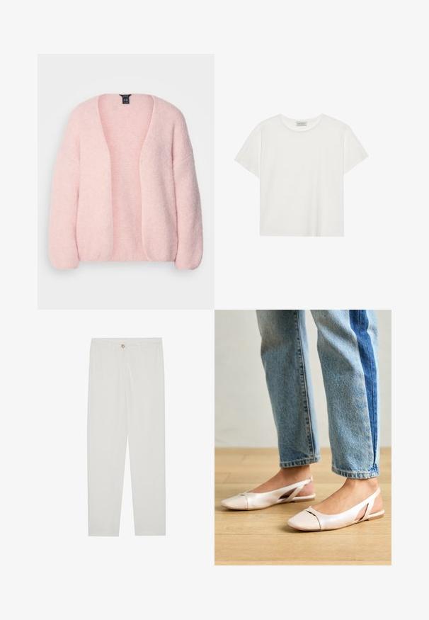 Lindex CARDIGAN VANESSA - Adīta jaka - light pink; Balts īsām piedurknēm T-krekls, kas izgatavots no mīksta kokvilnas. Tam ir apaļš izgriezums un brīvs piegriezums. Tīrs dizains bez redzamām rakstiem vai akcentiem.; Baltas, pielāgots bikses ar taisnu kāju dizainu, ar pogu aizdari, jostu cilpām un sānu kabatām; gluda auduma tekstūra.; Bālti rozā siksniņu dzīvokļi ar smailu purngalu, izgatavoti no gludas ādas līdzīgās materiāla. Iezīmē izgriezumu detaļas sānos un platu papēdi.