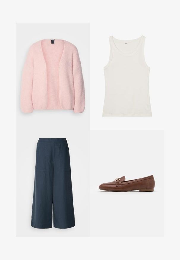Lindex VANESSA - Cardigan - light pink; White cotton tank top with a wide neckline and thin shoulder straps. Smooth texture with no visible patterns or embellishments.; Wide-leg trousers in navy blue, made from lightweight fabric. Features a slightly textured surface, elastic waistband, and front seams.; Brown leather loafers with a flat sole, a stitched design, and a gold-tone buckle detail on the strap across the vamp.