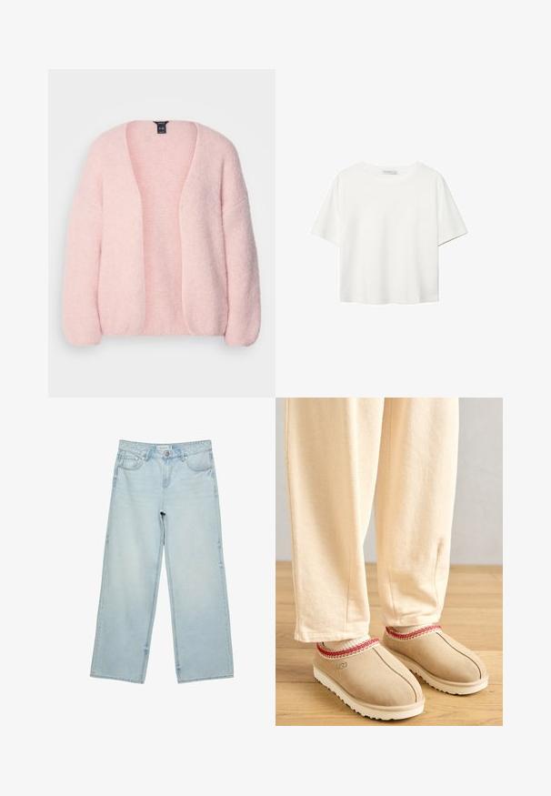 Lindex CARDIGAN VANESSA - Cardigan - light pink; T-shirt bianco a maniche corte realizzato in cotone. Presenta un collo tondo e una vestibilità rilassata. Texture liscia senza motivi o dettagli visibili.; Jeans a gamba larga di un blu chiaro in denim, con vita alta, cinque tasche e un leggero sbiadimento. Taglio dritto con bordi orlati.; Zoccoli in suede color nocciola con un bordo decorativo rosso e suola in gomma bianca, abbinati a pantaloni beige chiaro, posati su un pavimento di legno.