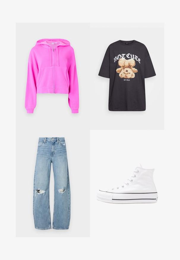Rosa cropped hettegenser laget av mykt stoff med glidelås foran, to lommer foran, snorhette og ribbestrikkede mansjetter.; Svart oversized t-skjorte med en grafikk av en bjørn og teksten "IKKE SØT, MEN VILL" i fet, hvit skrift. Laget av bomull.; Lyseblå høytlivsjeans laget av denim. Har vide bein, to revne knær og klassisk fem-lommers design.; Hvit høy-skinn kanvas sneakers med svart gummisåle, gummitåhette foran og seks hull for snorer, med et rent, minimalistisk design.