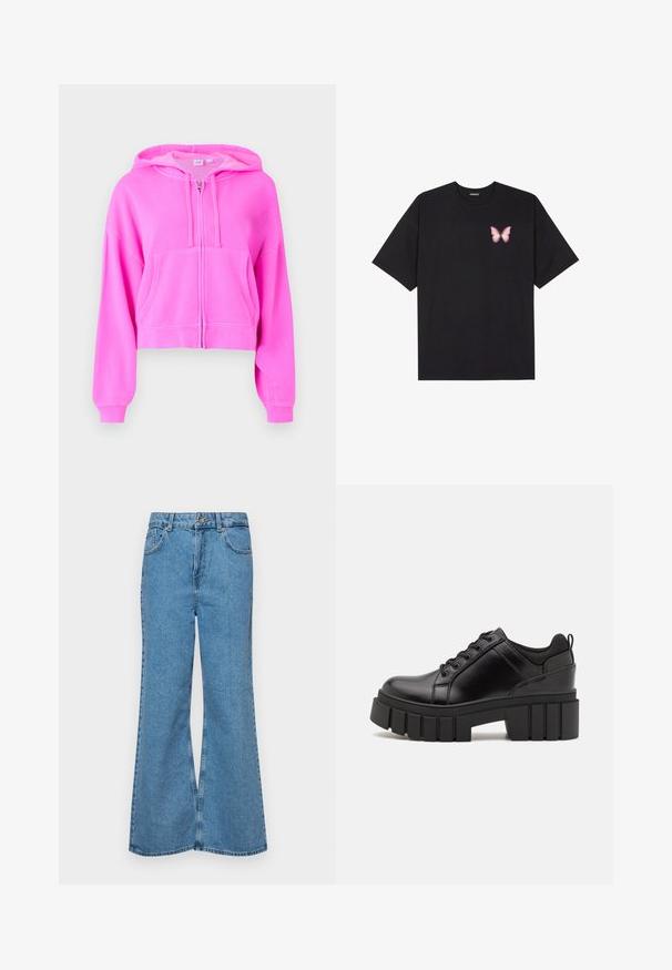Rózsaszín, rövidített kapucnis pulóver puha anyagból, elülső cipzárral, két elülső zsebbel, húzózsinóros kapucnival és bordás mandzsettával.; Fekete pamut póló rövid ujjakkal, bal mellkason egy kis rózsaszín pillangó grafikával. Kerek nyakú kialakítás, laza fazonnal.; Világoskék, trapézszárú farmernadrág, magas derékkal, öt zsebbel és egy gombos záródással. Puha tapintású, magasított effektusú anyag.; Fekete bőr platform cipők vaskos blokk sarkakkal, kerek orral és hagyományos fűzős kialakítással. Simára csiszolt felület és minimális részletezés jellemzi.