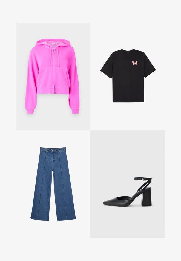 Roza skrajno kratka kapuca iz mehke tkanine z zadrgo spredaj, dvema sprednjima žepoma, nastavljivo kapuco z vrvico in rebrastimi manšetami.; Črna bombažna majica s kratkimi rokavi, ki ima majhen roza metuljček na levi strani prsnega dela. Majica s krožnim ovratnikom in sproščenim krojem.; Jeans širokih nogavic v srednji modri barvi, z visokim pasom, gumbom in kontrastnimi navpičnimi šivi spredaj.; Črne usnjene klasične čevlje z ostrim nosom, z zaponko za gleženj in debelim peto. Ravna tekstura, eleganten dizajn in minimalistična estetika.