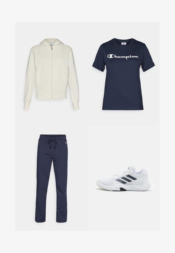 Sweatshirt creme com fecho frontal, capuz, punhos e barra canelados, e um pequeno logotipo no lado esquerdo do peito. Tecido suave de mistura de algodão.; Camiseta de algodão azul-marinho com mangas curtas, com um logo branco "Champion" no peito e um pequeno logo na manga.; Calças de treino azul-marinho feitas de um suave tecido em mistura de algodão, com cintura elástica ajustável e bainha fechada, apresentando um pequeno logótipo como detalhe.; Tênis atlético branco com parte superior em malha, três listras pretas de cada lado, detalhes texturizados e uma sola de borracha resistente com uma seção preta contrastante.