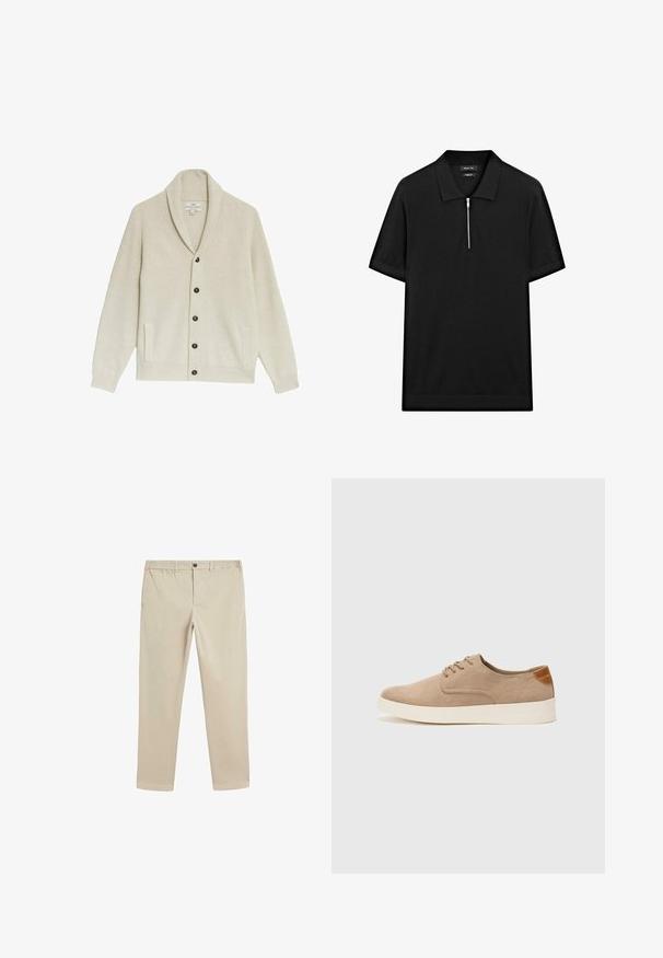 Beige ribbet cardigan med en sjalkrave, fem mørke knapper, to sidelommer og tekstureret stof.; Sort kortærmet polo skjorte med ståkrave og frontlynlås. Lavet af et glat stof med et rent, minimalistisk design.; Beige bomuldsbukser med elastisk talje, knaplukning, lige ben-design og standardlommer på siderne og bagsiden.; Beige ruskinds sneakers med rund tå, snørebånd foran og en struktureret rygdetalje. Hvid gummisål giver kontrast. Enkel og moderne design.