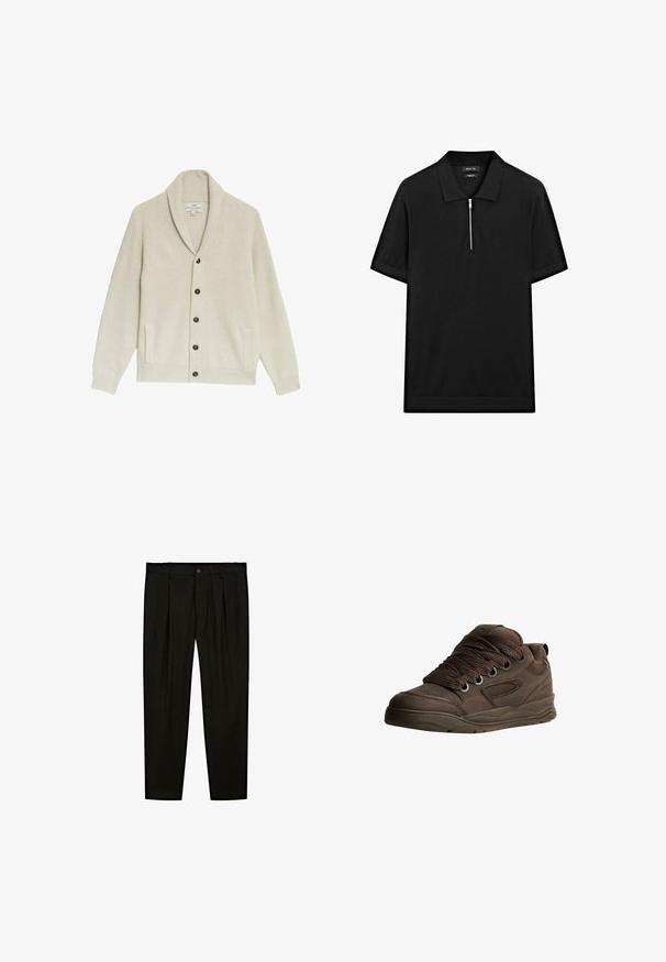 Beżowy kardigan w prążki z kołnierzem szalowym, pięcioma ciemnymi guzikami, dwiema bocznymi kieszeniami i fakturowanym materiałem.; Czarna koszulka polo z krótkim rękawem, z kołnierzykiem stójkowym i zamkiem błyskawicznym z przodu. Wykonana z gładkiego materiału o czystym, minimalistycznym designie.; Czarne dopasowane spodnie wykonane z gładkiego materiału. Cechy to płaski przód, szerokie nogawki i zapięcie na guzik w pasie.; Brązowe buty sportowe wykonane z gładkiego materiału syntetycznego. Oferują grube sznurówki, siateczkowe akcenty, wyściełany kołnierz oraz teksturowaną gumową podeszwę.