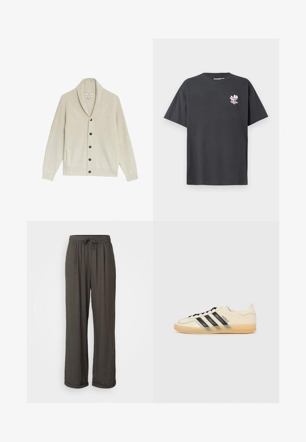 Beige ribbeltrui met een sjaalkraag, vijf donkere knopen, twee zijzakken en een textuurstof.; Grijze katoenen t-shirt met een ronde hals en korte mouwen. Aan de voorkant staat een roze bloemen Adidas-logo. Casual fit, geen patronen of versieringen.; Donkergrijze wijde broek met een koord in de taille, gemaakt van een zachte, gestructureerde stof, met opgerolde manchetten bij de enkels.; Lichte crèmekleurige sneaker met zwart drievoudig streepdesign, gestructureerde bovenkant, ronde neus en gumrubberen zool. Heeft veters en merklogo op de zijkant.