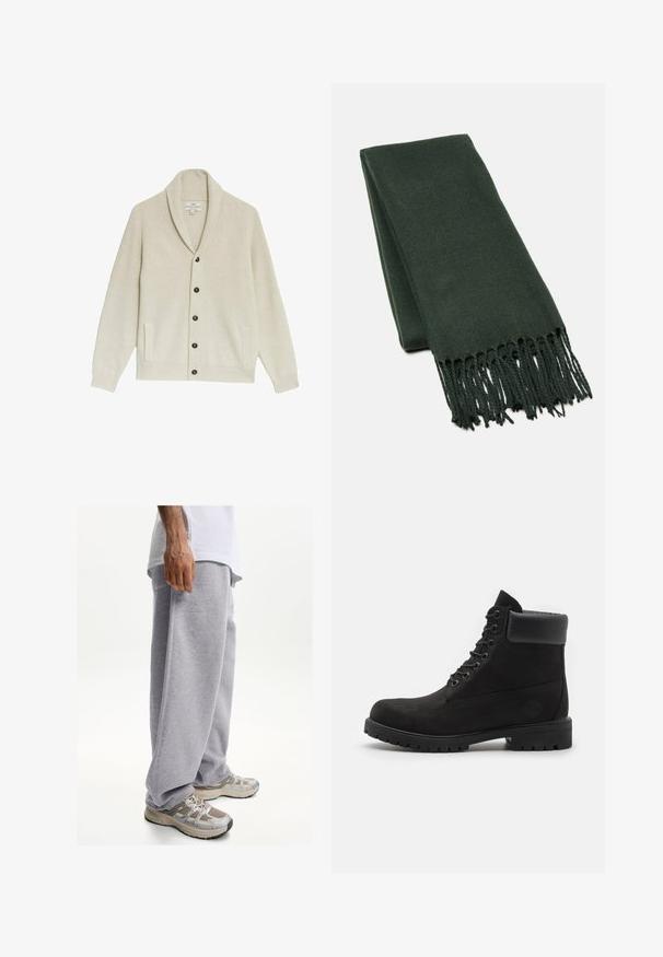 Beige ribbad kofta med sjalkrage, fem mörka knappar, två sidfickor och textilerad tyg.; Vit bomull t-shirt med kort ärm, rund halsringning och rak skärning. Slät textur utan synliga mönster eller detaljer.; Grå sweatshirtbyxor i mjukt material, med en avslappnad passform och elastisk midja. Matchas med beige och grå träningsskor.; Svart snörkänga med vadderad krage och slitstark sula, visad i profil mot en vit bakgrund.; Mörkgrön halsduk i mjukt tyg, med en ren design och fransade kanter för extra textur.