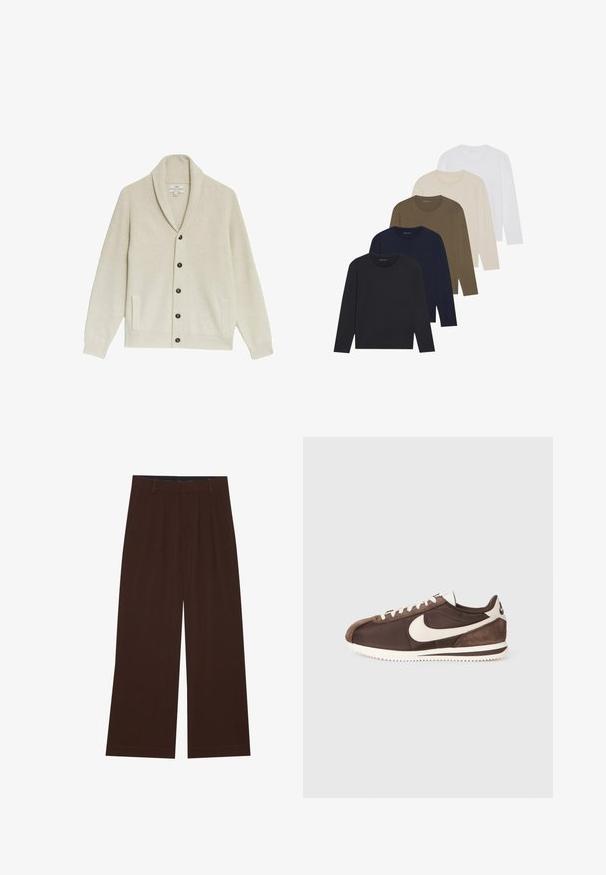 Cardigan beige a coste con colletto a scialle, cinque bottoni scuri, due tasche laterali e tessuto testurizzato.; Cinque camicie a maniche lunghe in una gradazione di colori: blu scuro, blu, verde oliva, beige e bianco. Ognuna ha un collo rotondo e una texture liscia.; Pantaloni larghi marroni con pieghe. Realizzati in un tessuto liscio, presentano una vita sagomata e tasche laterali. Orlo piatto in fondo.; Sneaker marrone con una combinazione di materiali in suede e canvas, dotato di un logo Nike swoosh bianco e di una suola in gomma testurizzata.