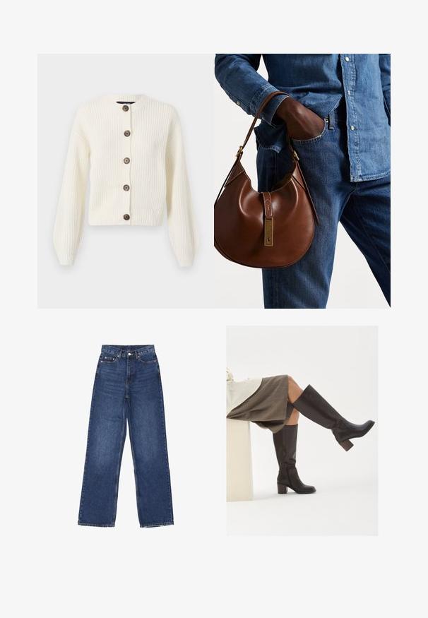 Kremowy dziergany kardigan z długimi rękawami, okrągłym kołnierzykiem i brązowymi guzikami. Prążkowana faktura na całej powierzchni. Skrócona długość.; Dwie bezrękawnikowe, prążkowane bluzki z golfem w kolorze brązowym i czarnym, prezentowane na jednolitym białym tle.; Szerokie niebieskie dżinsy z wysokim stanem, z zapięciem na guzik, pięcioma kieszeniami i delikatnym przetarciem na materiale.; Brązowe skórzane kozaki do kolan z kwadratowym czubkiem, grubym obcasem i bocznym zamkiem błyskawicznym. Gładka faktura z polerowanym wykończeniem.; Brązowa skórzana torebka hobo w zaokrąglonym kształcie, z akcentami w złotym kolorze i kontrastowym przeszyciem. Połączona z dżinsową koszulą i spodniami dżinsowymi.