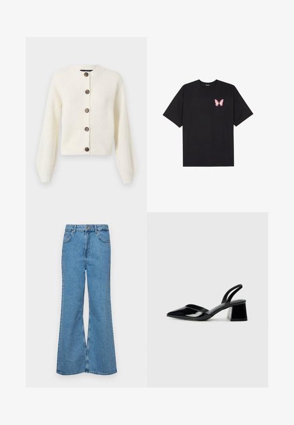 Cárdigan de punto marfil con mangas largas, cuello redondeado y cierres de botón marrón. Textura acanalada en toda la prenda. Largo corto.; Camiseta de algodón negra de manga corta, con un pequeño gráfico de mariposa rosa en el lado izquierdo del pecho. Diseño de cuello redondo con un corte relajado.; Jeans acampanados de color azul claro hechos de denim, con una cintura alta, cinco bolsillos y un cierre de botón. Textura suave con acabado desgastado.; Zapatos de tacón slingback de charol negro con punta afilada y tacón geométrico en bloque. Presentan un diseño elegante y minimalista, así como una textura suave.