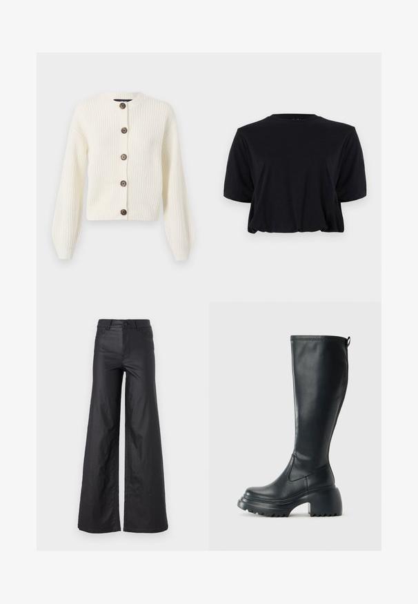 Biserna pletena kardigan s dugim rukavima, zaobljenim ovratnikom i smešnim dugmadima. Gusto rebrastog tekstura. Skraćena dužina.; Crna skraćena pamučna majica s kratkim rukavima i okruglim izrezom, koja se ističe čistim, besprijekornim dizajnom i mekom teksturom.; Crne široke hlače od umjetne kože. Imaju visoki struk, petlje za remen, dva prednja džepa i šivanu obradu.; Visoke crne kožne čizme s debelim platformskim đonom i blok petom, s patentom za povlačenje i teksturiranim uzorkom na potplatu.