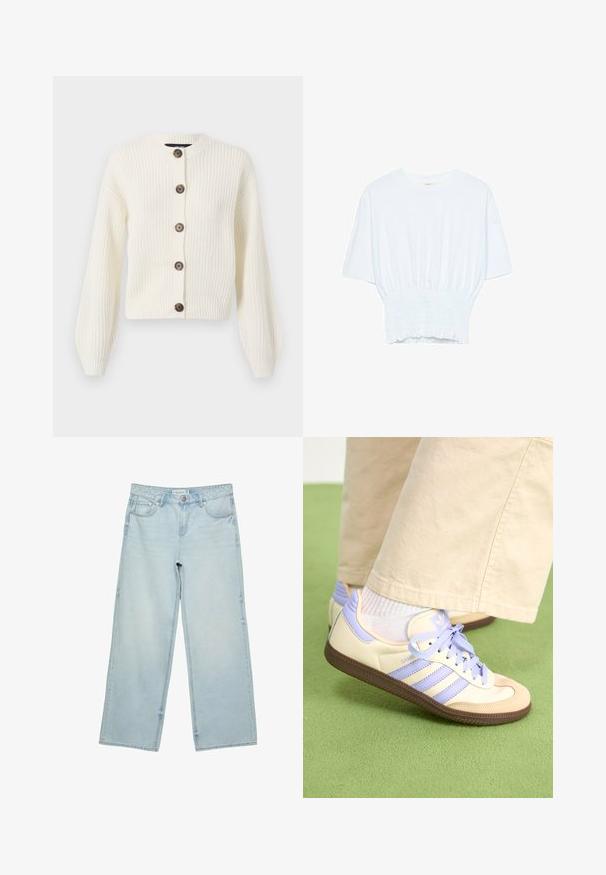 Cardigan a maglia color avorio con maniche lunghe, collo rotondo e chiusure con bottoni marroni. Texture a coste in tutto il capo. Lunghezza cropped.; T-shirt bianco a maniche corte con una vestibilità rilassata e una texture smock in vita. Realizzato in tessuto morbido e leggero.; Jeans a gamba larga di un blu chiaro in denim, con vita alta, cinque tasche e un leggero sbiadimento. Taglio dritto con bordi orlati.; Sneakers crema e lavanda con tre strisce e suola marrone texturizzata, dotati di lacci e tallone imbottito. Parte superiore in tessuto morbido.