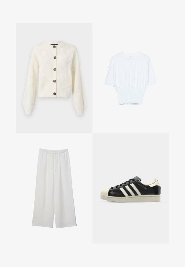Cardigan a maglia color avorio con maniche lunghe, collo rotondo e chiusure con bottoni marroni. Texture a coste in tutto il capo. Lunghezza cropped.; T-shirt bianco a maniche corte con una vestibilità rilassata e una texture smock in vita. Realizzato in tessuto morbido e leggero.; Pantaloni bianchi a gamba larga realizzati in tessuto leggero, dotati di una vita elastica e di un cordino per una vestibilità regolabile. Texture liscia.; Sneaker in pelle nera con strisce bianche, punta in gomma, lacci neri e suola di colore crema. Texture liscia con finitura brillante.