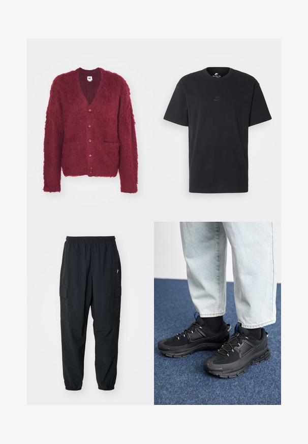 Obey Clothing PATRON CARDIGAN - Cardigan - zinfandel; Nike black cotton t-shirt with a classic crew neck, short sleeves, and a subtle, embossed logo on the chest. Smooth texture.; Black cargo pants made from lightweight material, featuring an elastic waistband, side pockets, and a relaxed fit with elastic cuffs.; Black athletic shoes with textured fabric and rubber soles, featuring elastic laces and a blue accent on the heel. Worn with light denim pants.