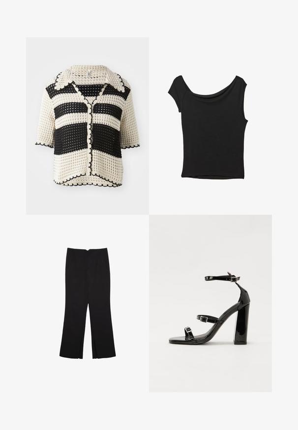 Czarna i kremowa kardigan szydełkowy w paski z kołnierzykiem, krótkimi rękawami, falbaniastymi krawędziami oraz zapięciem na guziki. Teksturowany wzór dzianiny.; Czarna bluzka z krótkim rękawem, wykonana z gładkiego materiału; posiada dekolt w stylu drapowanym oraz asymetryczny dół, z dopasowanym krojem.; Czarne spodnie o prostym kroju, z przednimi kieszeniami i bocznymi rozcięciami na dole. Wykonane z miękkiego, gładkiego materiału. Odpowiednie na różne okazje.; Czarne lakierowane sandały na obcasie z kwadratowym noskiem, z paskami wokół kostki i srebrnymi klamrami. Posiadają masywny słupek dla stabilności.