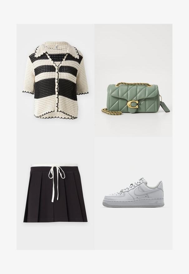 Sort og creme stribet hæklede cardigan med krave, korte ærmer, bølgede kanter og knaplukning foran. Struktureret strikket mønster.; Hvid halterneck crop top med en dyb V-udskæring og samlede stofdetaljer i siderne. Fremstillet af blødt, strækbart materiale.; Sort plisseret nederdel med en hvid vævet snor i taljen. Fremstillet af blødt stof, der har en glat tekstur og et enkelt, klassisk design.; Hvid lædersneaker med lavt design, rund tå, perforerede detaljer og en tekstureret gummisål. Har grå accenter på tungen.; COACH TABBY SHOULDER BAG 20 WITH PILLOW QUILTING - Skuldertasker - sage